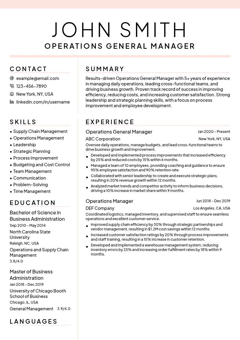 Operations General Manager resume example