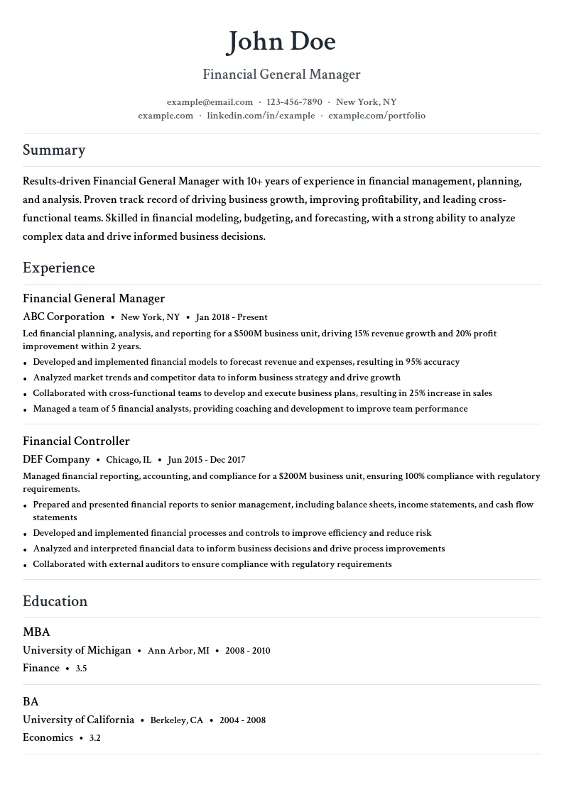 Financial General Manager resume example