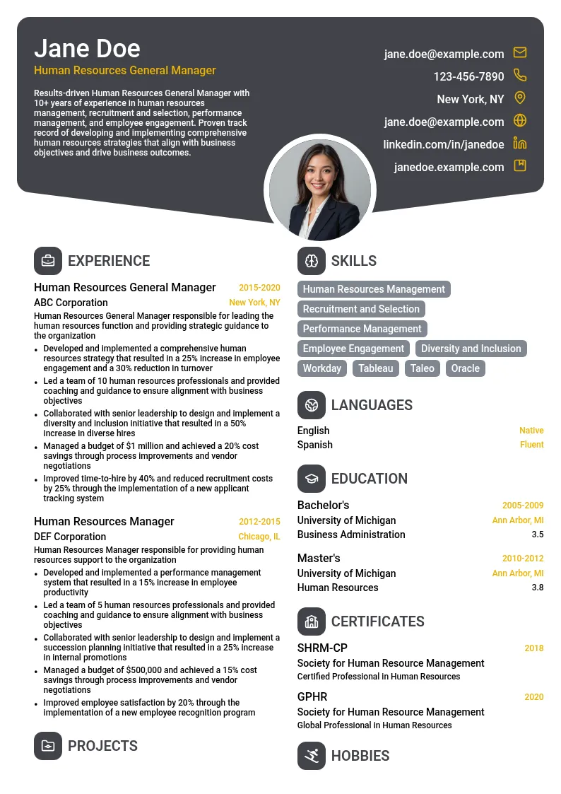 Human Resources General Manager resume example
