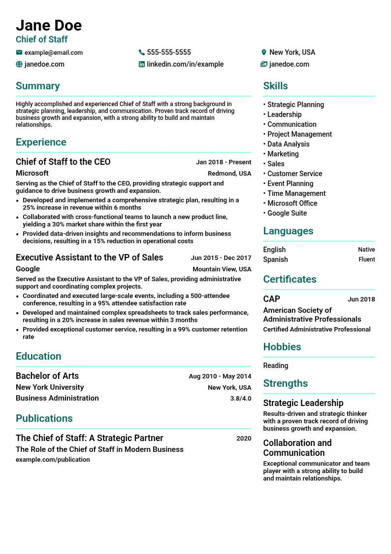 Chief of Staff resume example