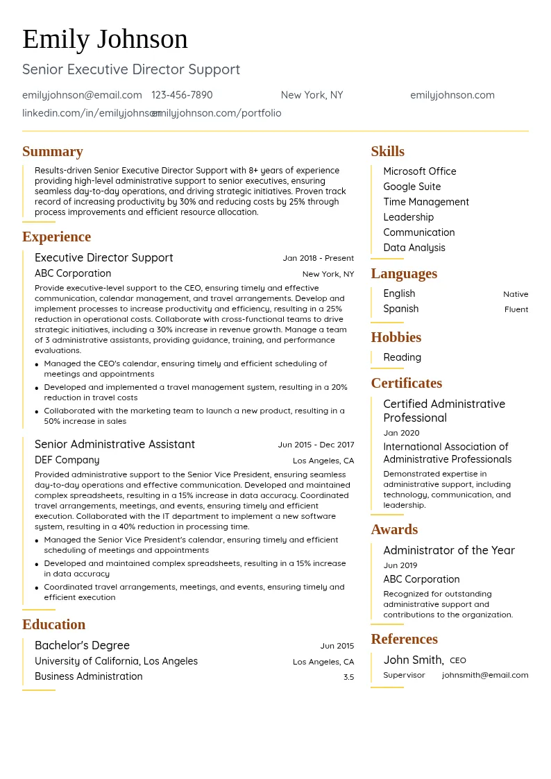 Senior Executive Director Support resume example