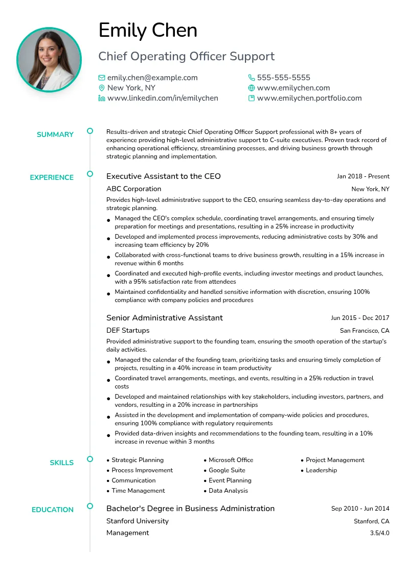 Chief Operating Officer Support resume example