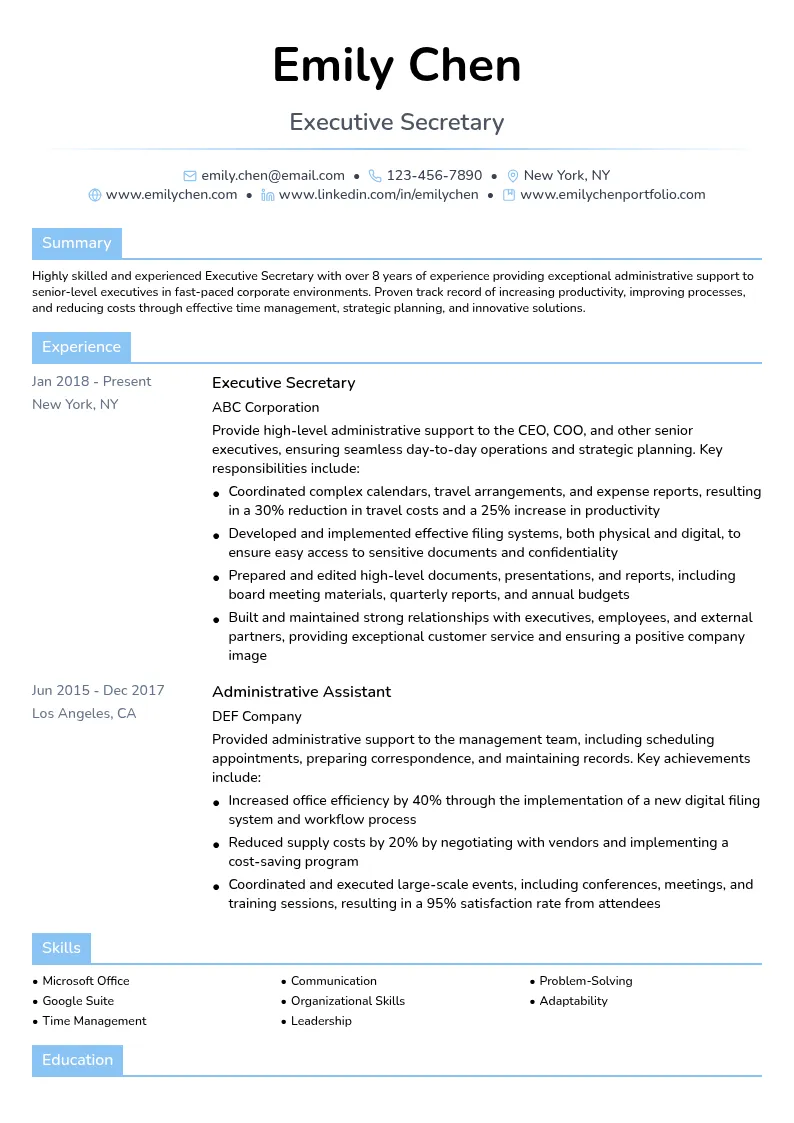 Executive Secretary resume example