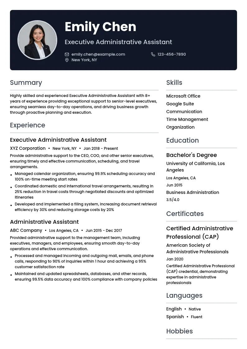 Executive Administrative Assistant resume example