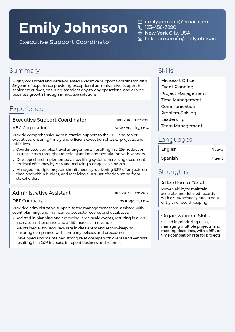 Executive Support Coordinator resume example