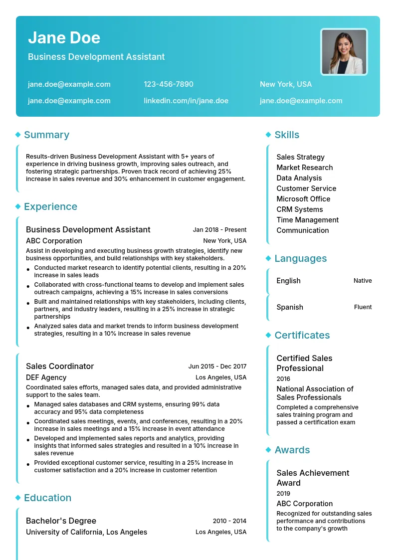 Business Development Assistant resume example