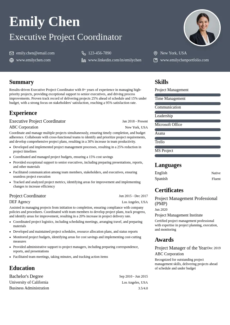 Executive Project Coordinator resume example