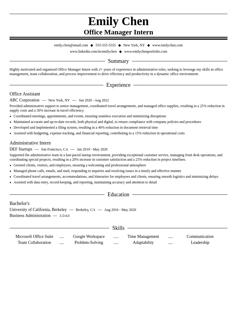 Office Manager Intern resume example