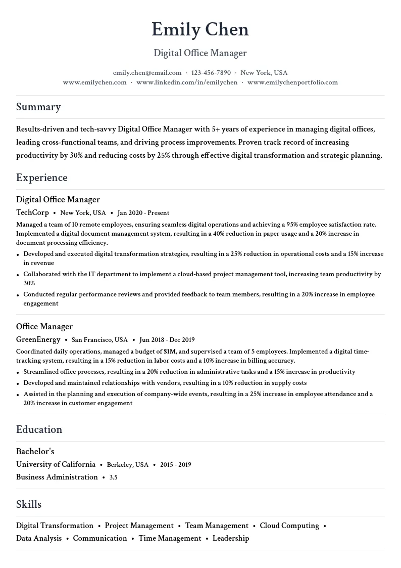 Digital Office Manager resume example