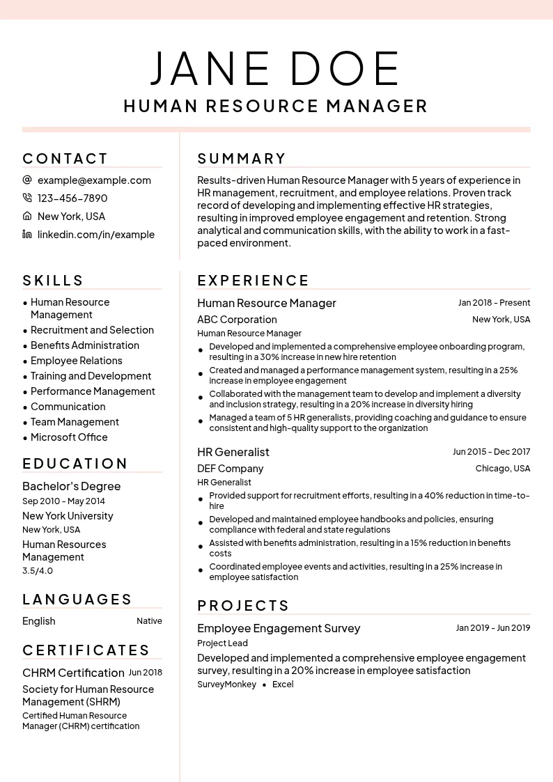 Human Resource Manager resume example