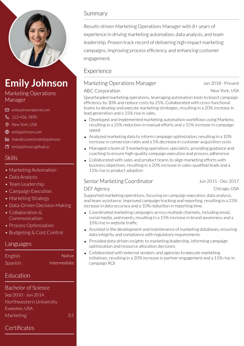 Marketing Operations Manager resume example