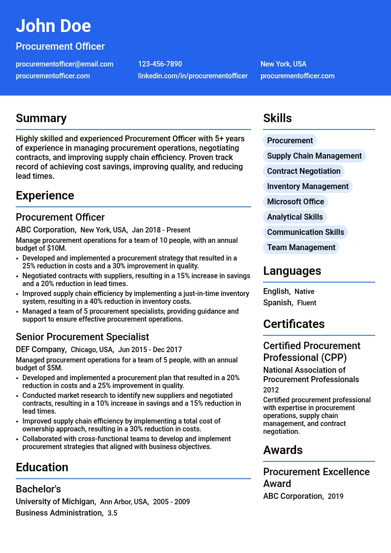 Procurement Officer resume example