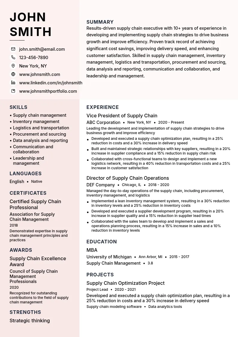 Vice President Supply Chain resume example