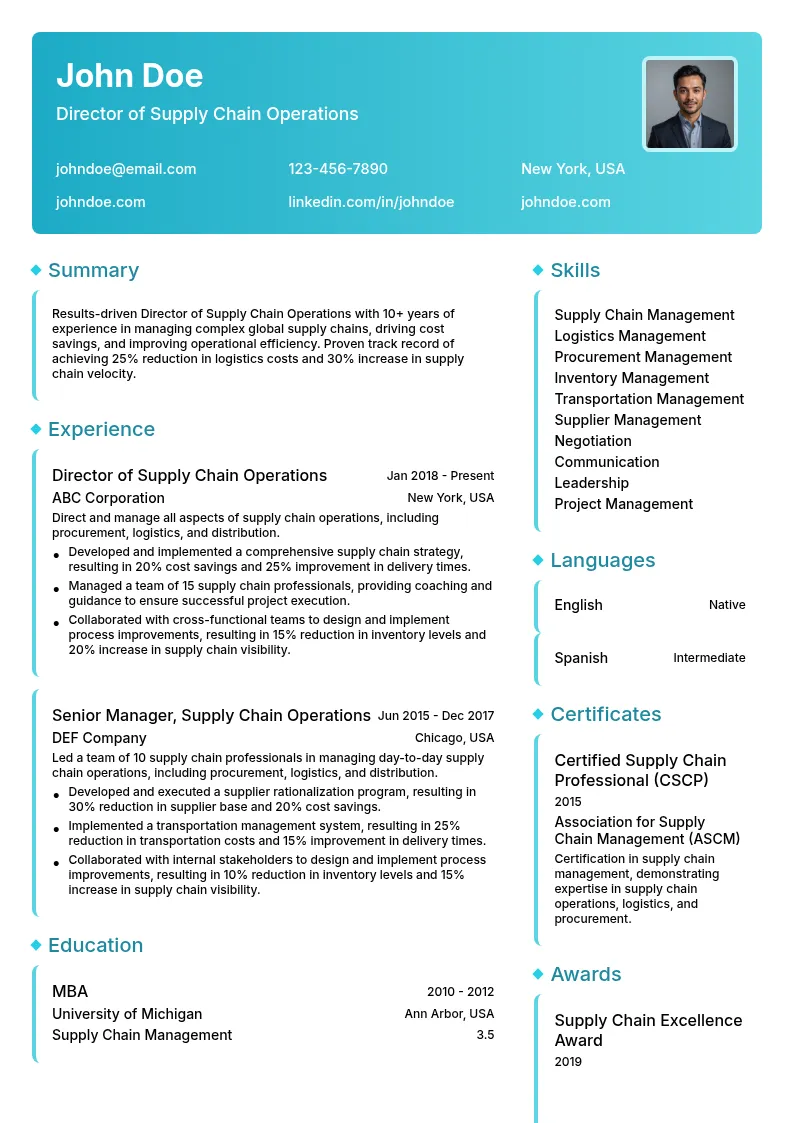 Director Supply Chain Operations resume example