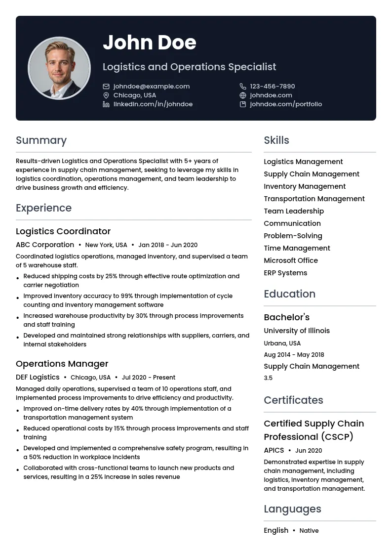 Logistics and Operations Specialist  resume example