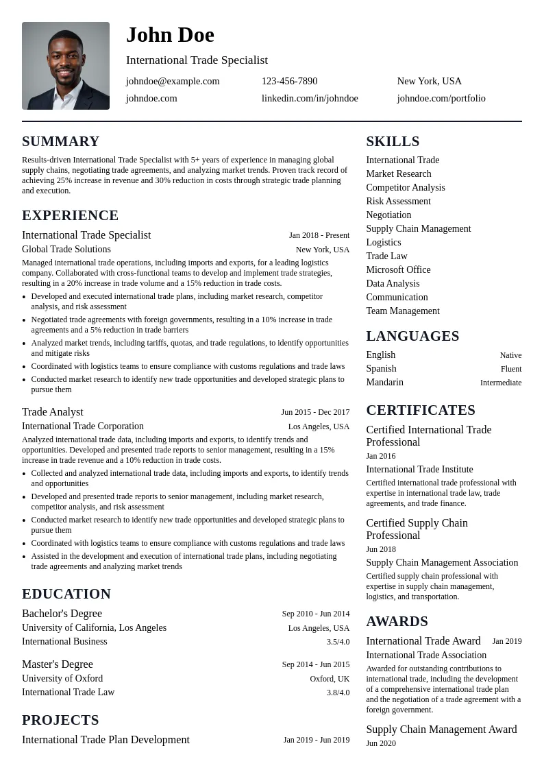 International Trade Specialist resume example