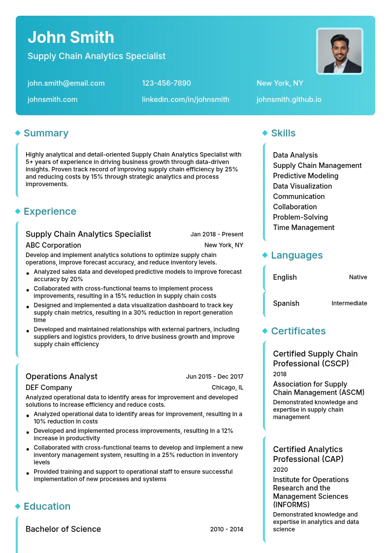 Supply Chain Analytics Specialist resume example