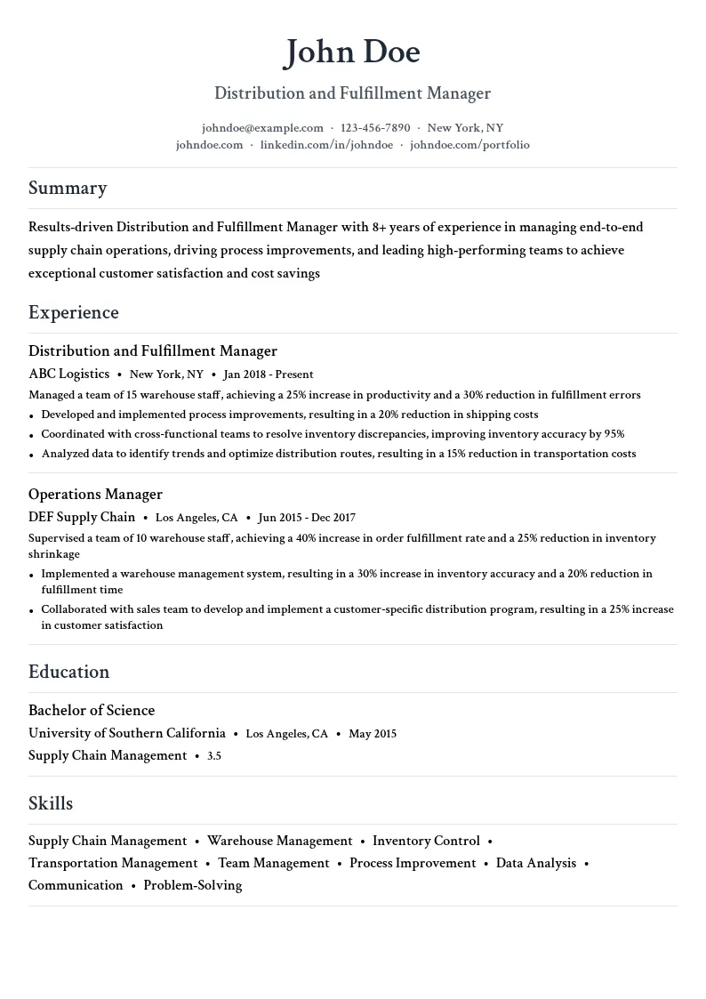 Distribution and Fulfillment Manager resume example