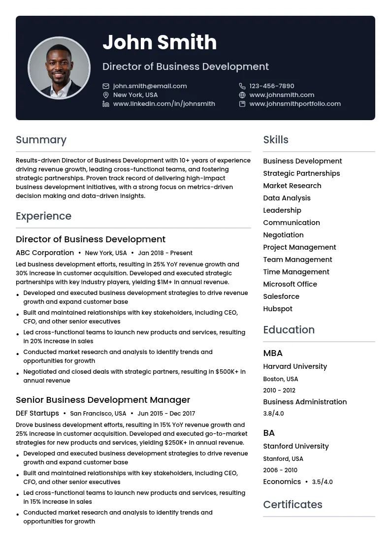 Director of Business Development resume example