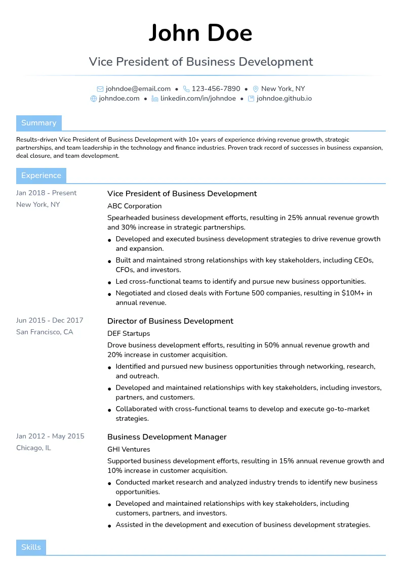 Vice President of Business Development resume example