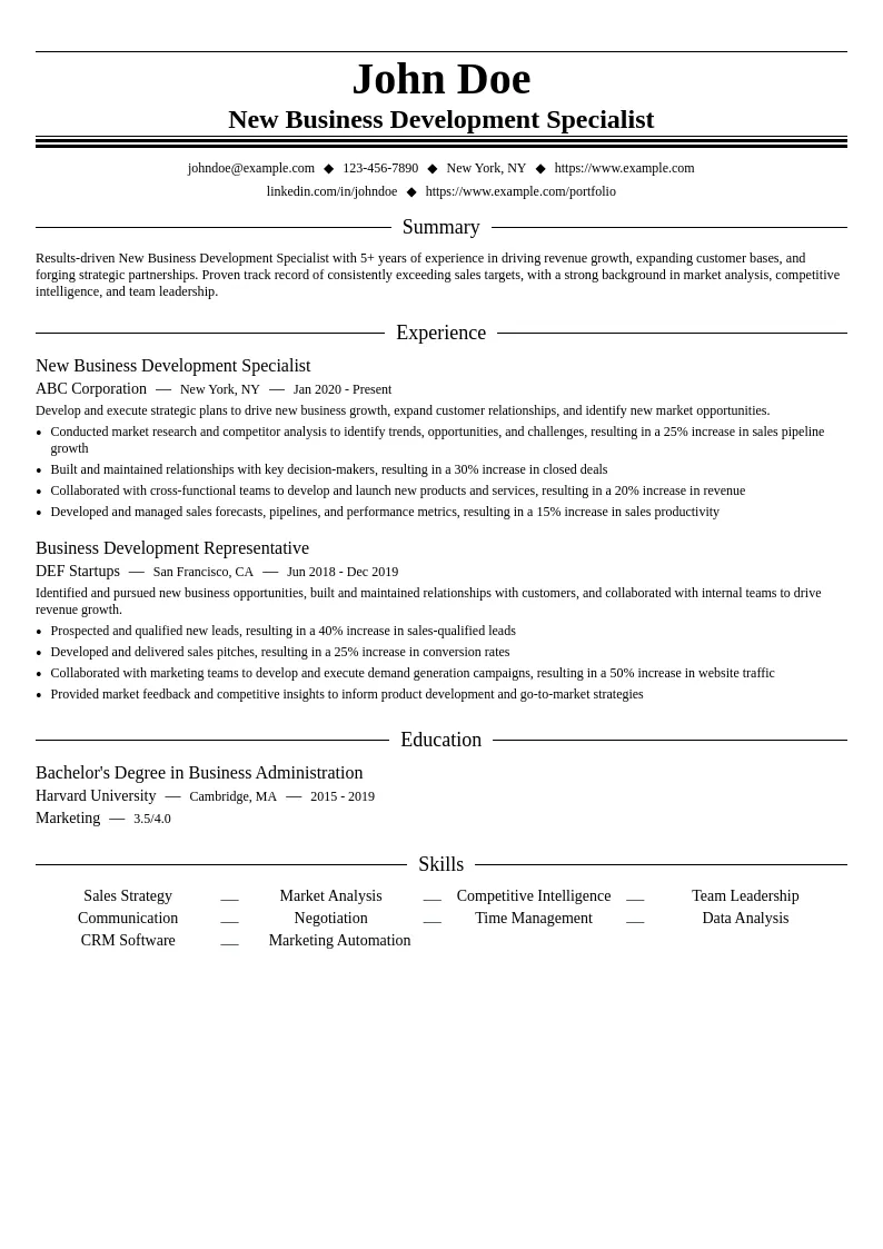 New Business Development Specialist resume example