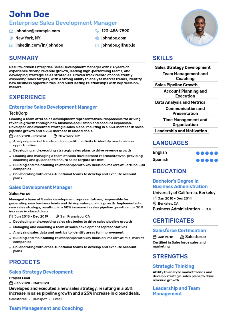 Enterprise Sales Development Manager resume example
