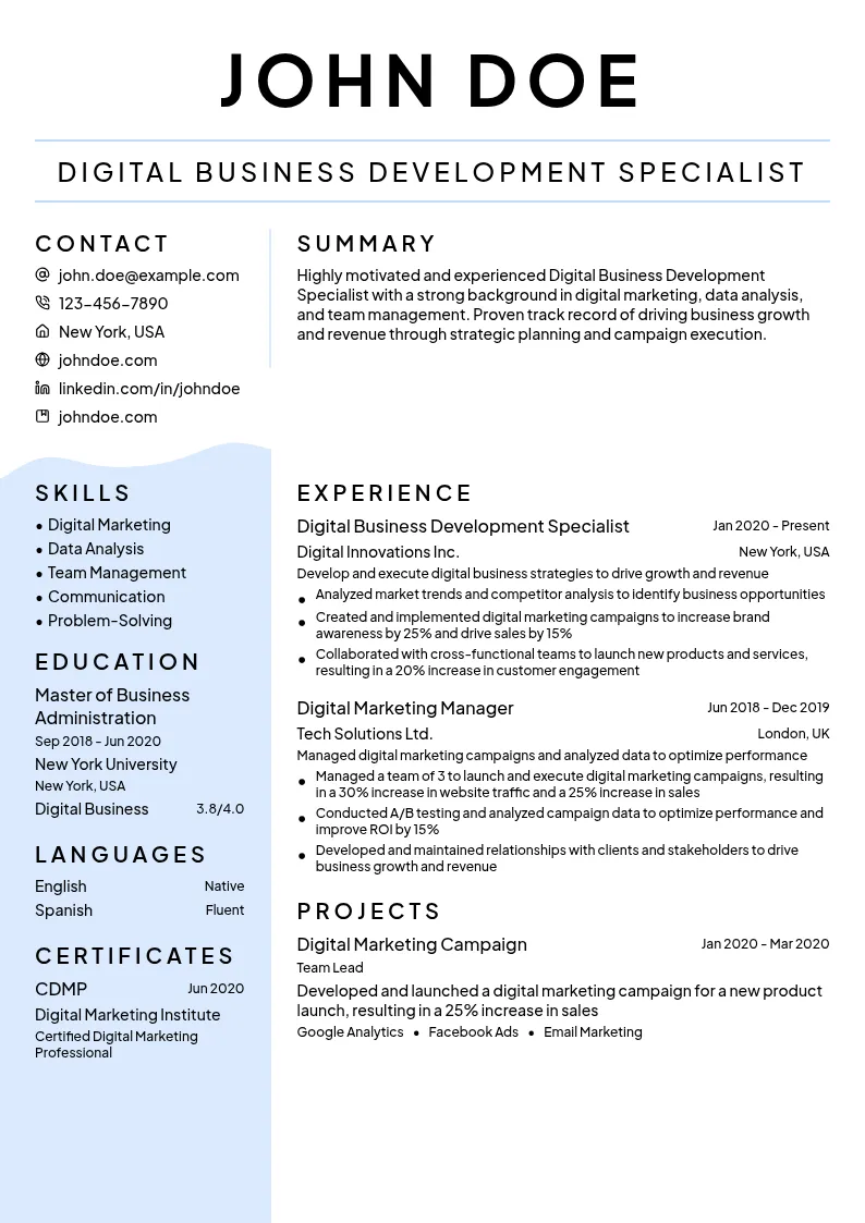 Digital Business Development Specialist resume example