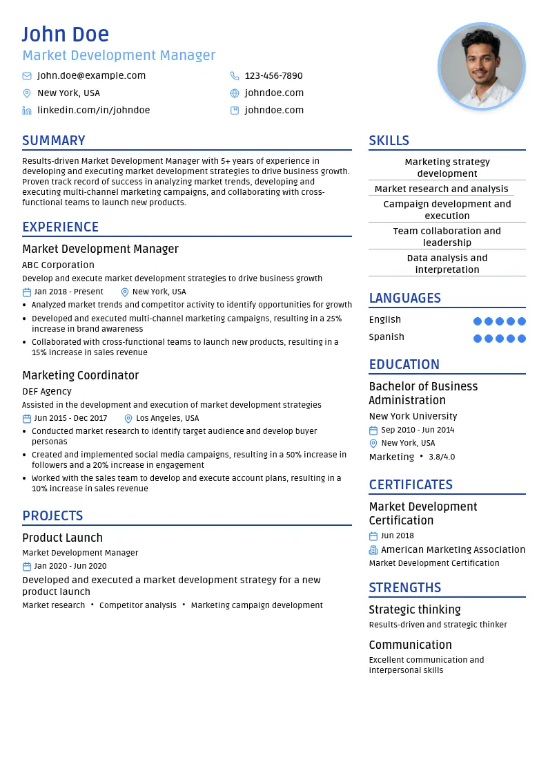 Market Development Manager resume example