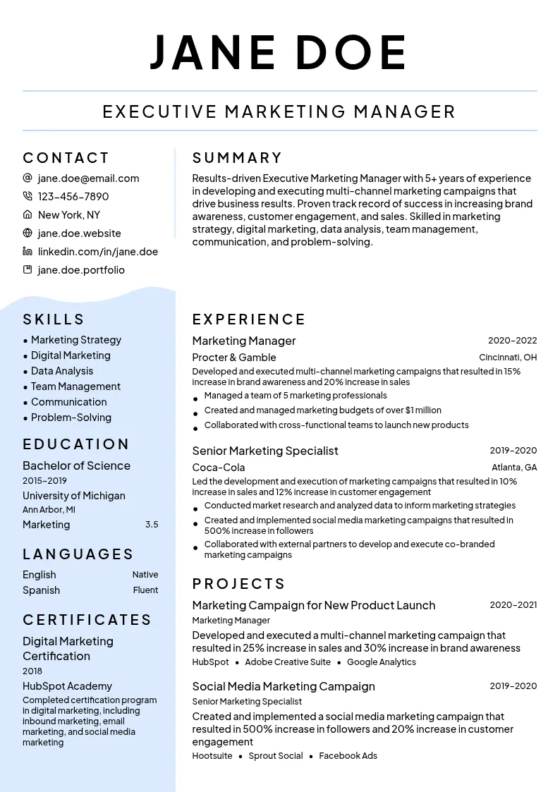 Executive Marketing Manager resume example