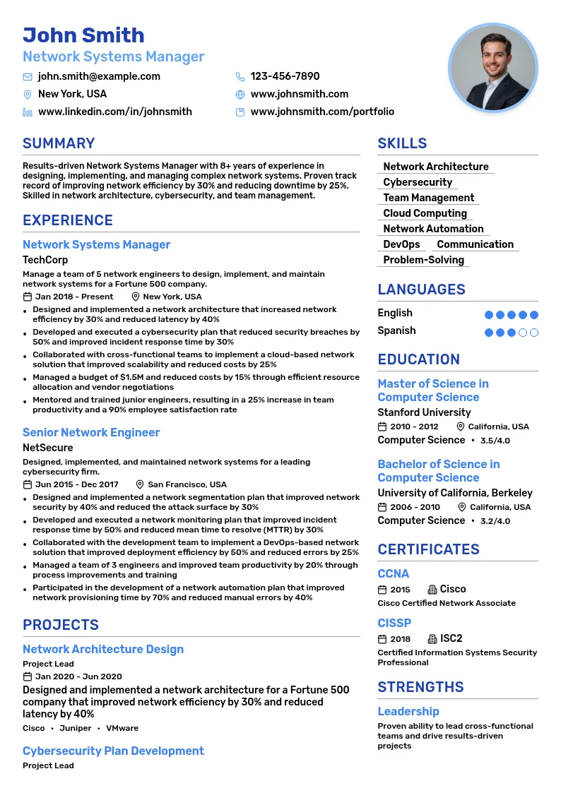 Network Systems Manager resume example