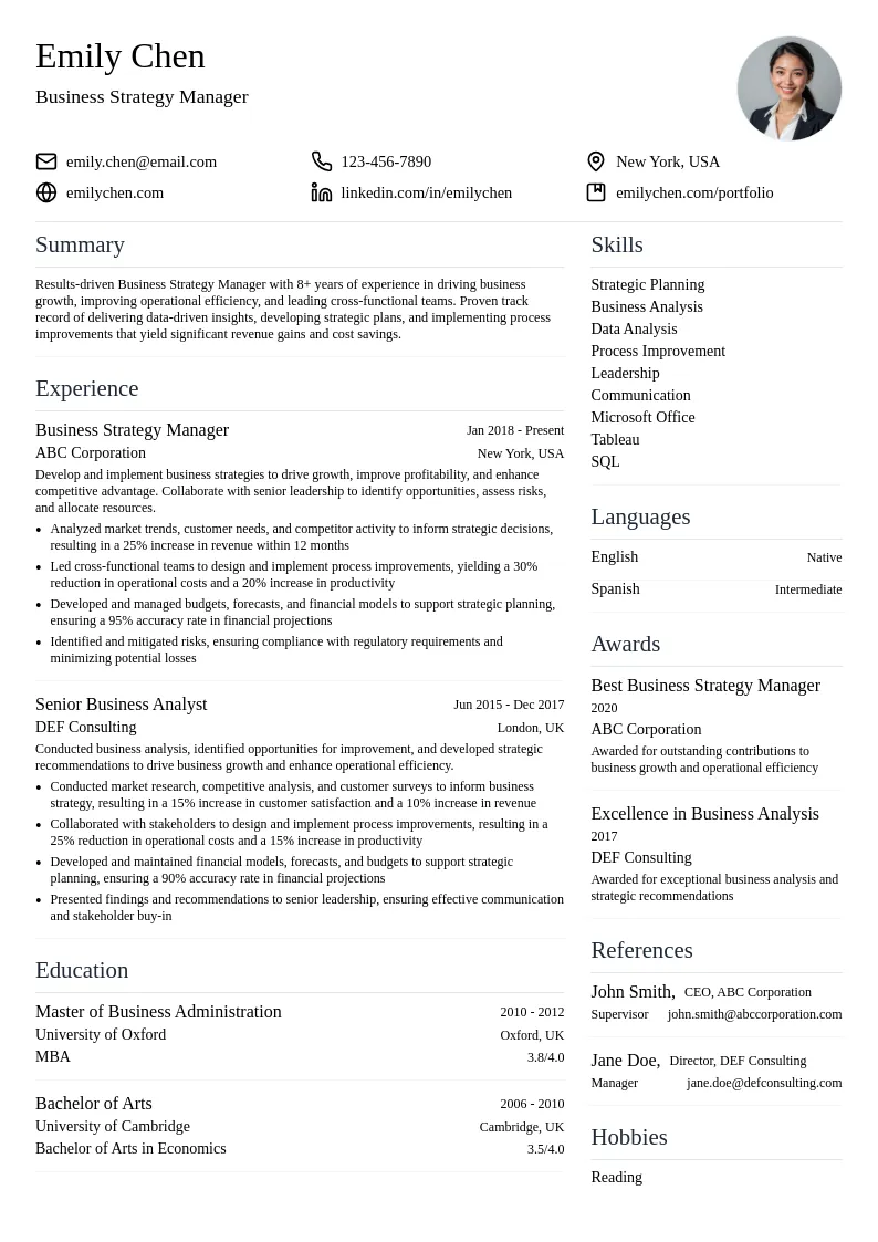Business Strategy Manager resume example