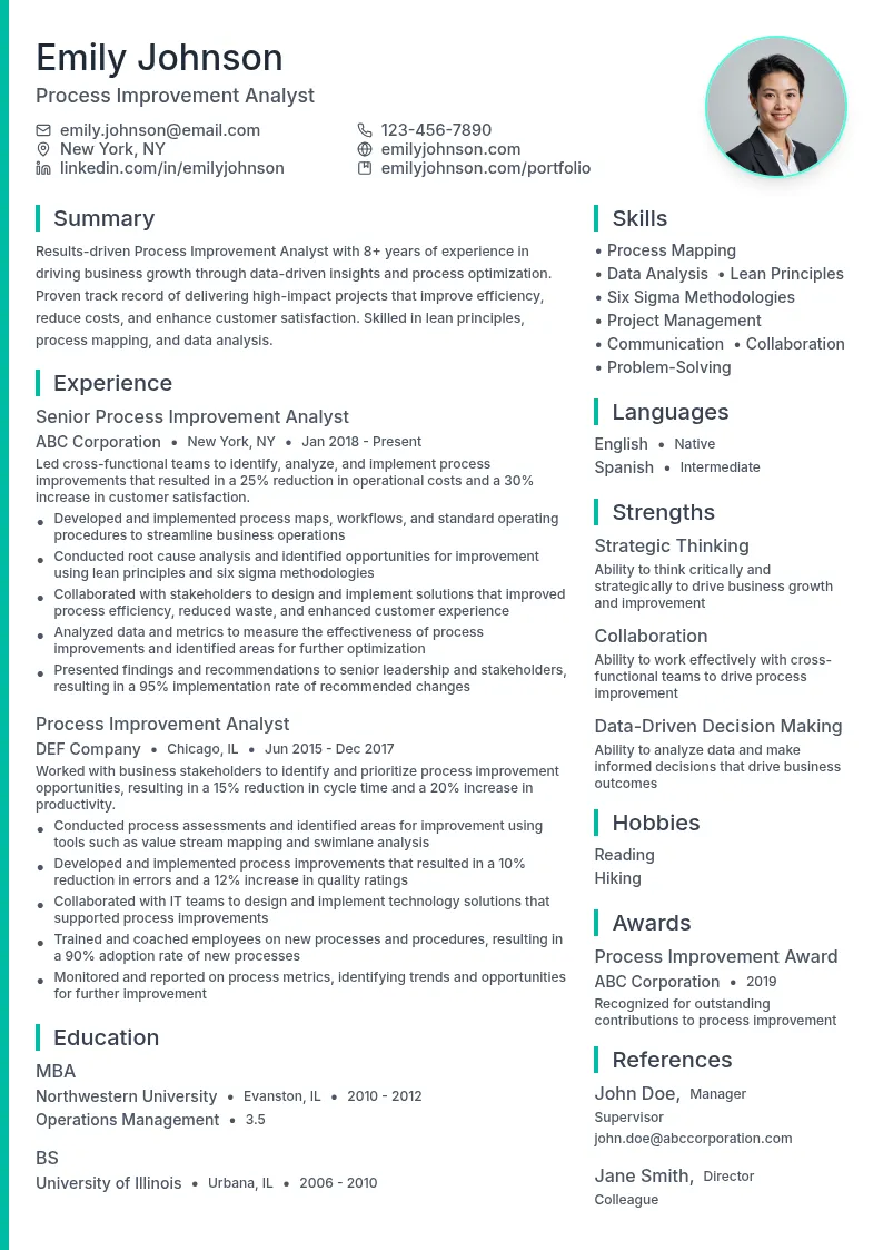 Process Improvement Analyst resume example