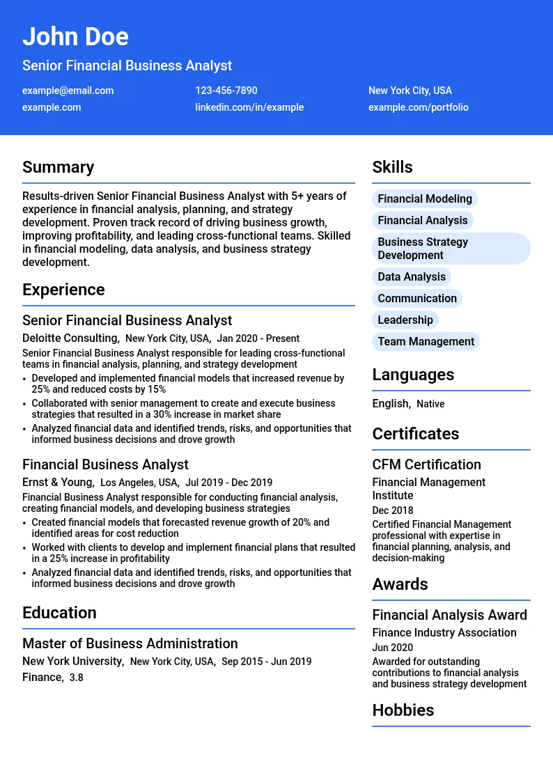 Financial Business Analyst resume example