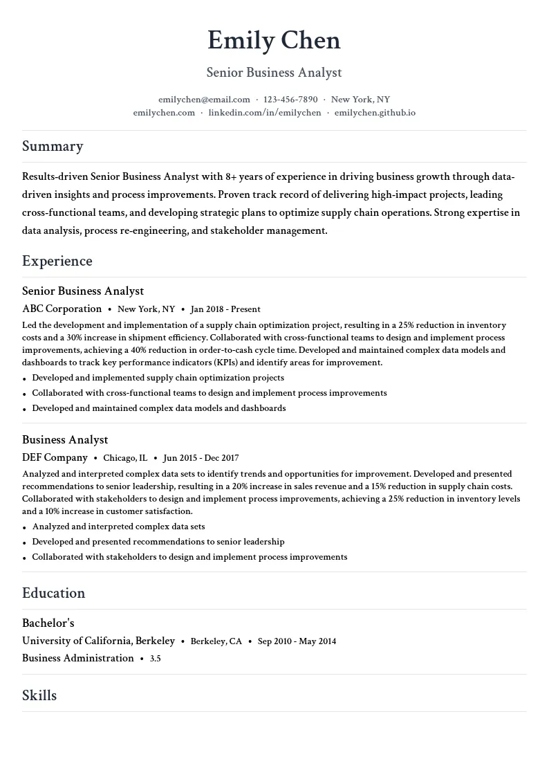 Supply Chain Business Analyst resume example