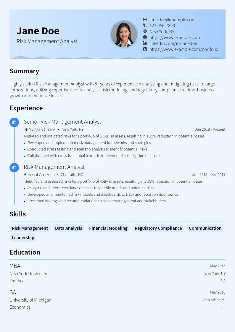Risk Management Analyst resume example