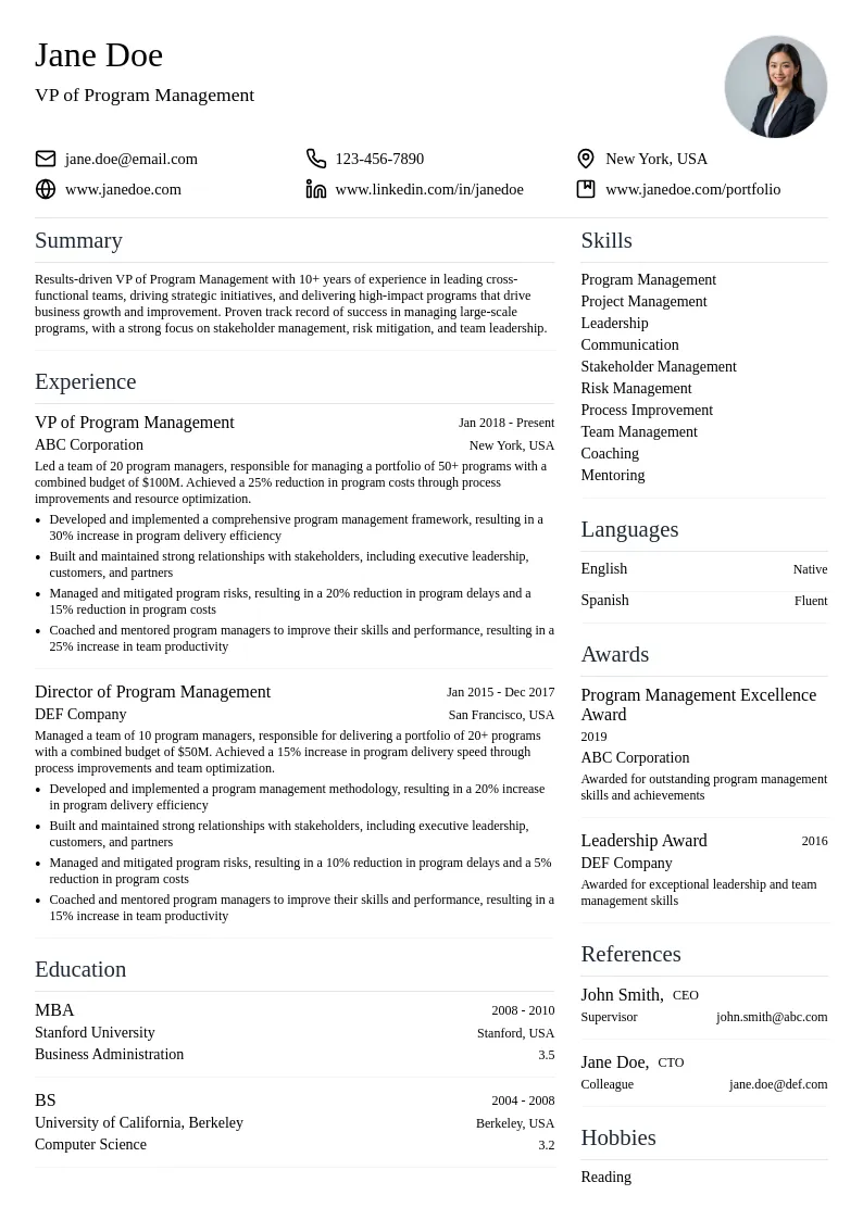 VP of Program Management resume example