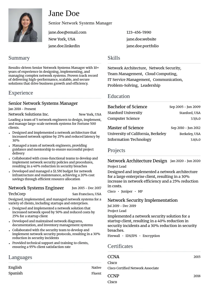 Senior Network Systems Manager resume example
