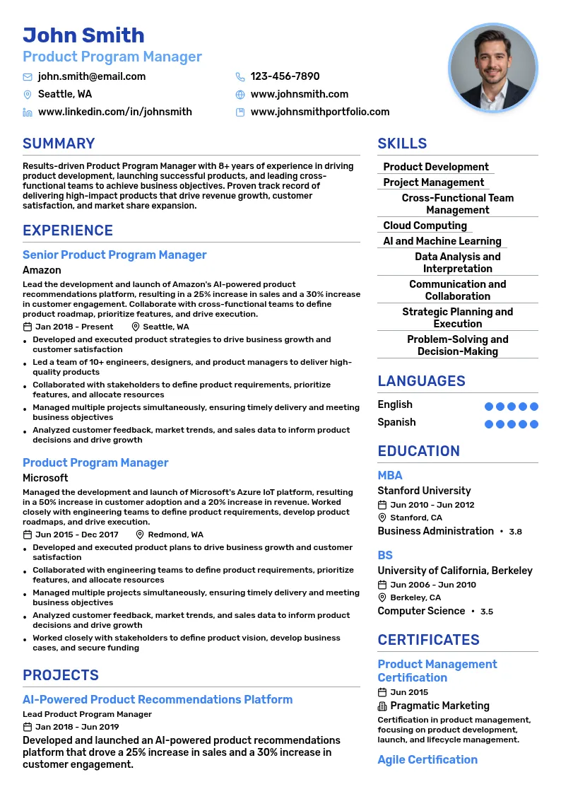 Product Program Manager resume example