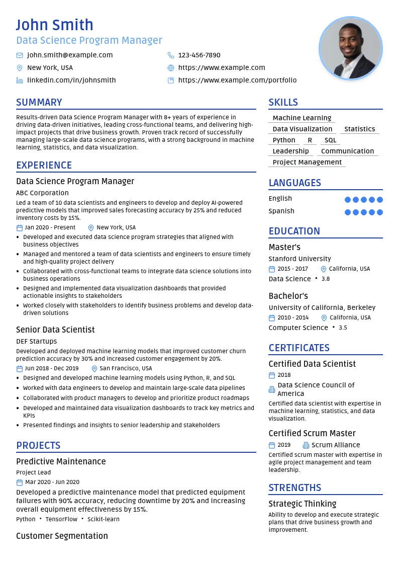 Data Science Program Manager resume example