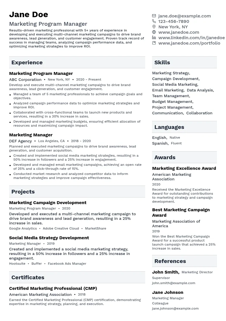 Marketing Program Manager resume example