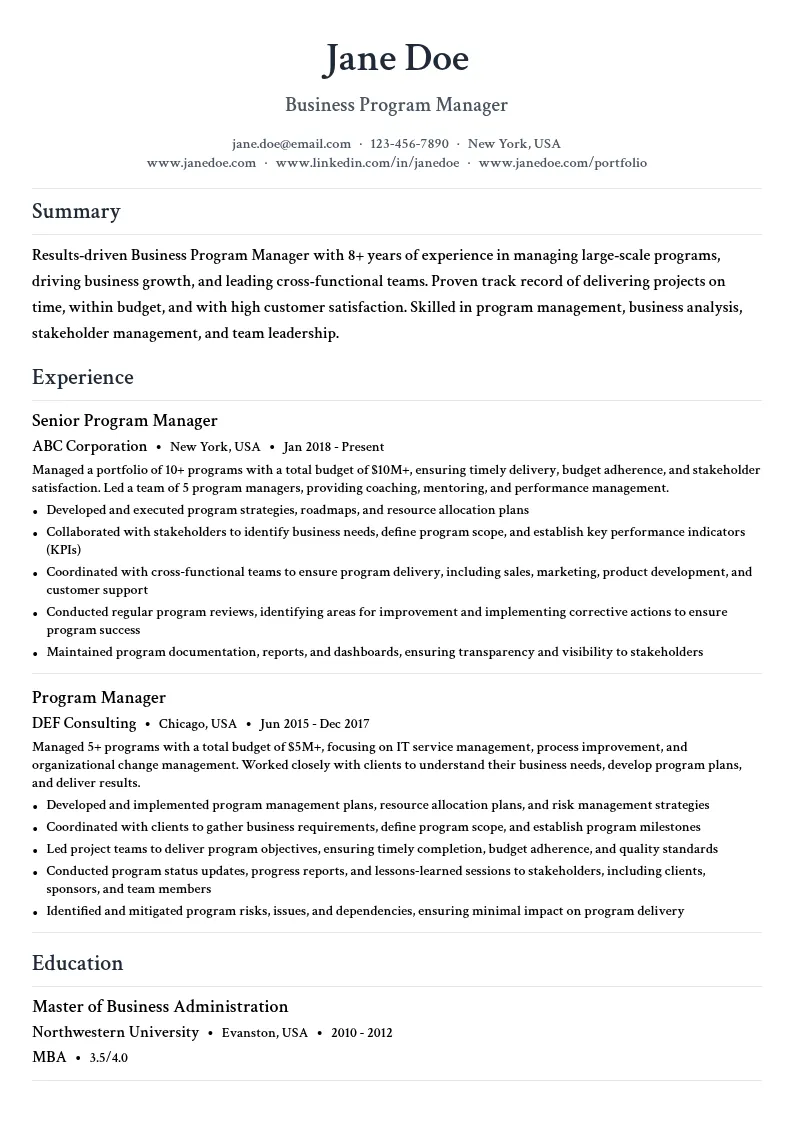 Business Program Manager resume example