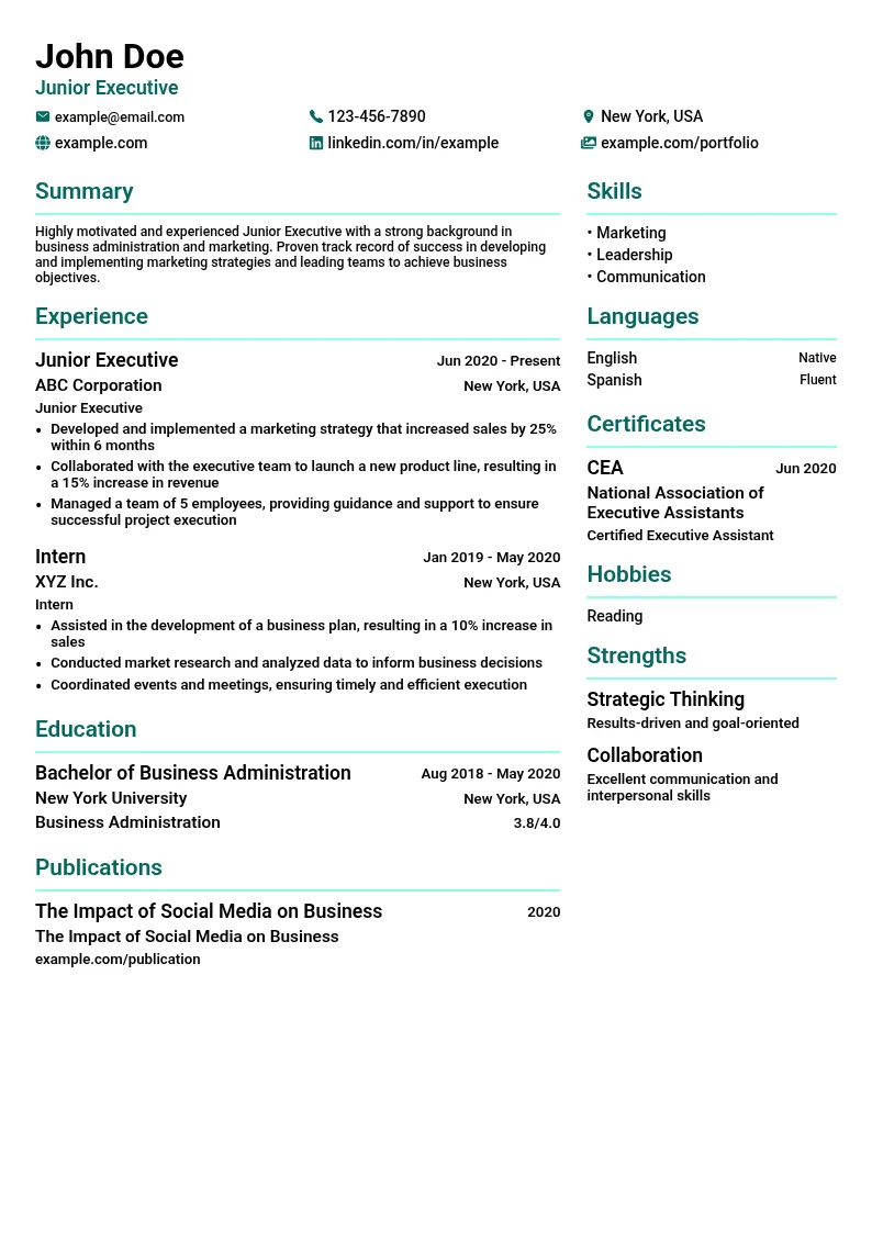 Junior Executive resume example