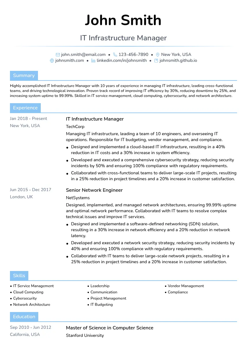 IT Infrastructure Manager resume example