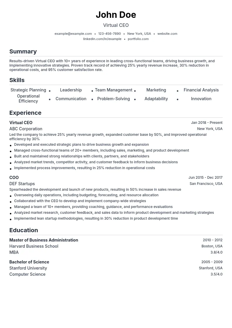 Virtual CEO resume example