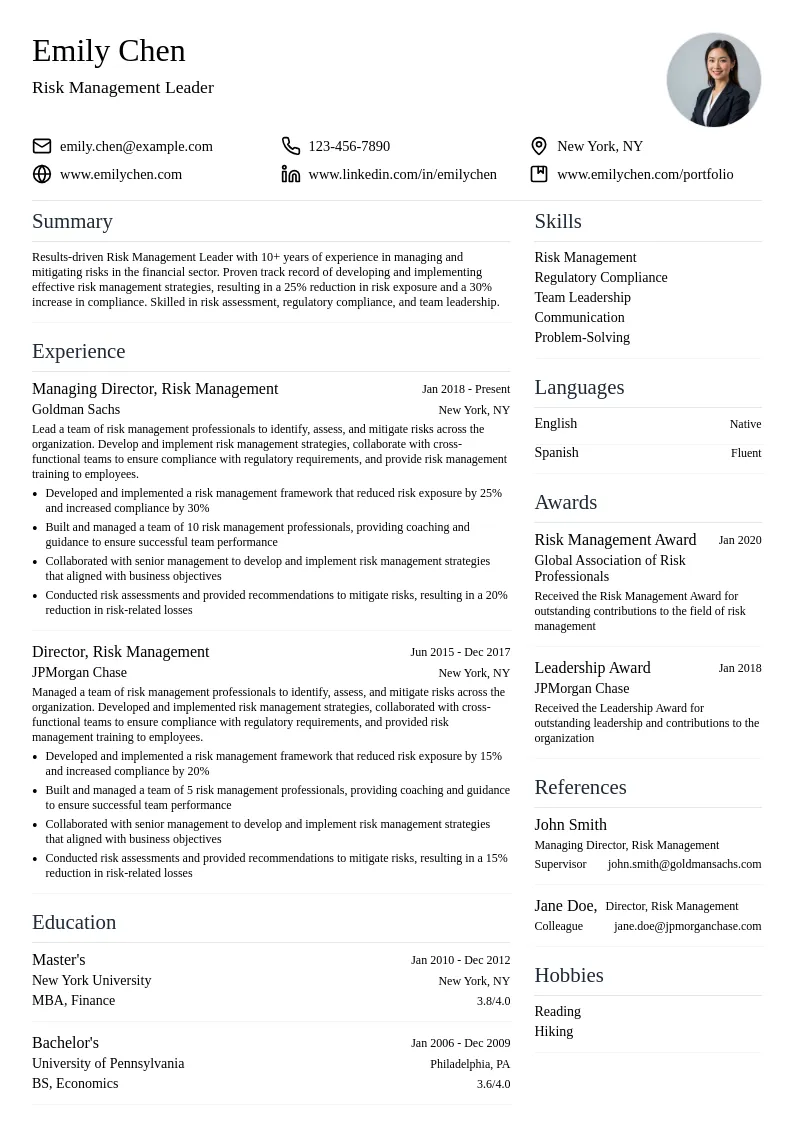 Risk Management Leader resume example