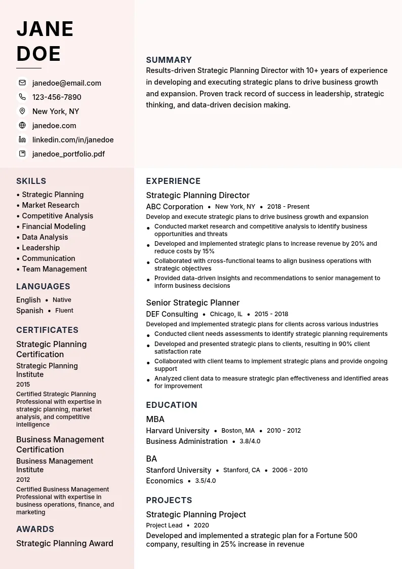 Strategic Planning Director resume example
