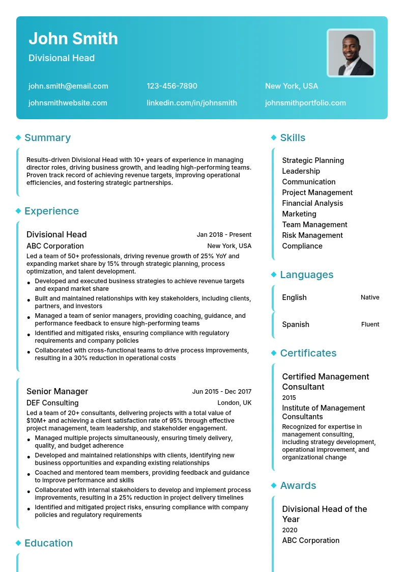 Divisional Head resume example