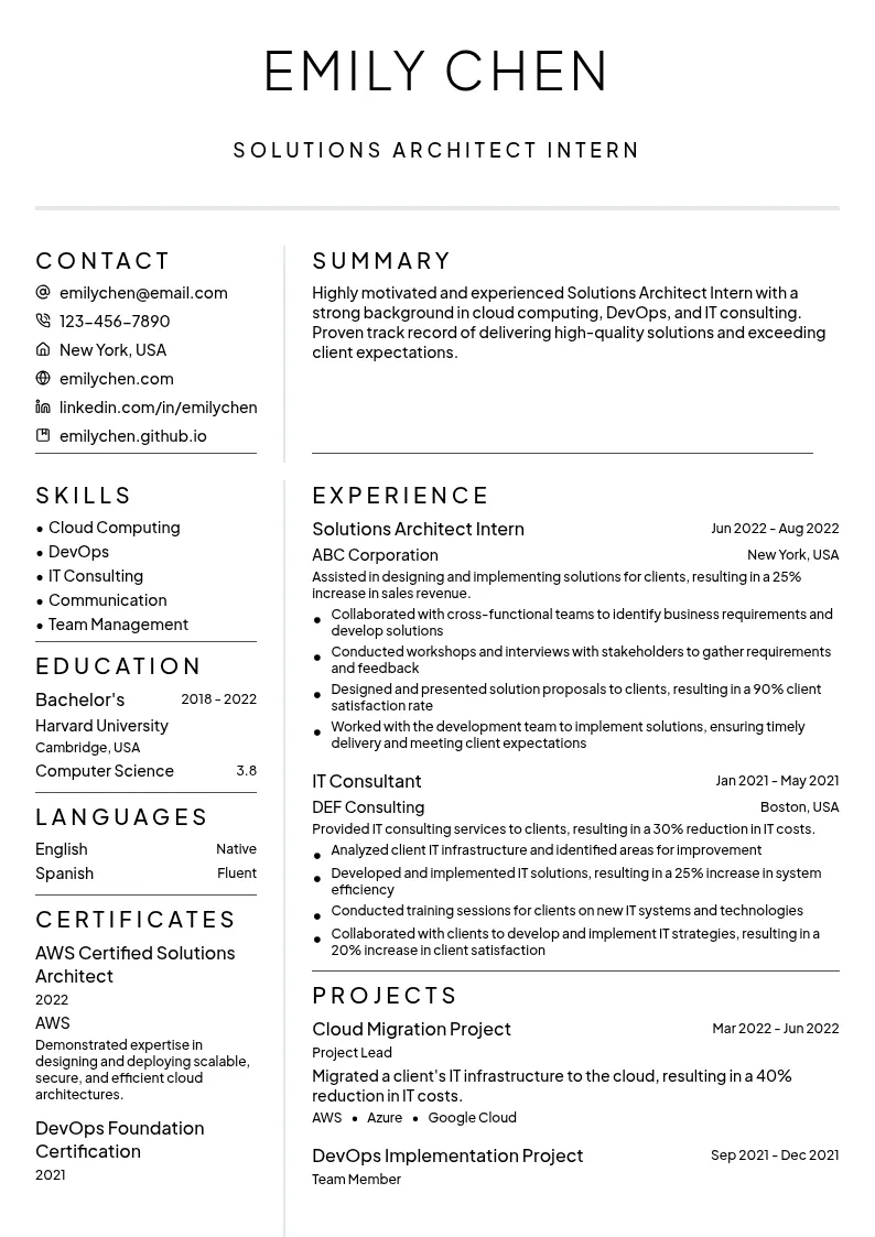 Solutions Architect Intern resume example