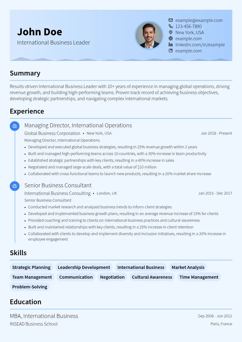 International Business Leader resume example