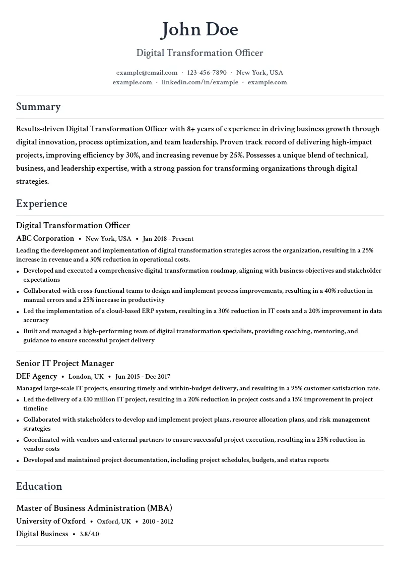 Digital Transformation Officer resume example